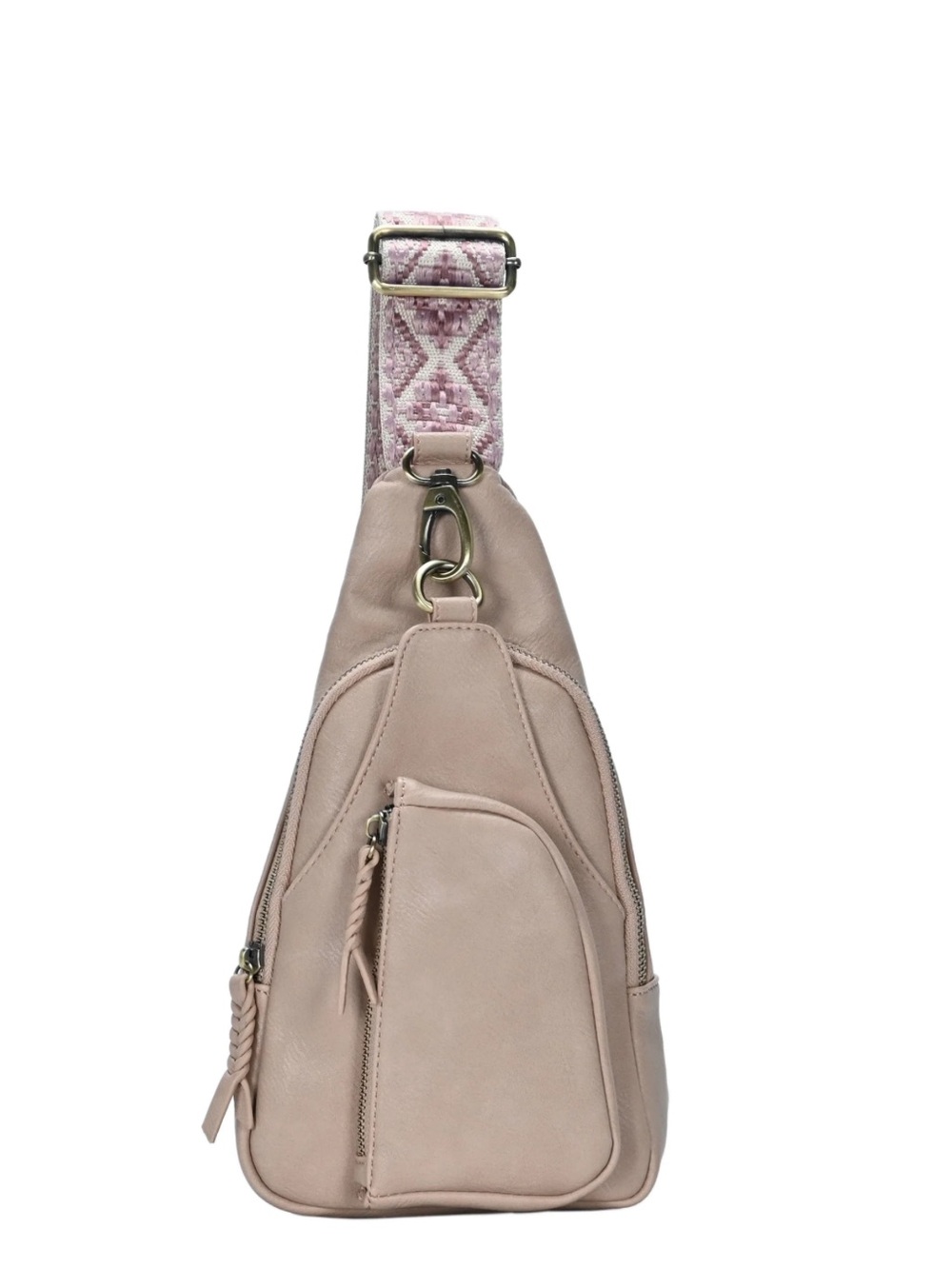 Light Pink Leather Crossbody Sling Bag with Patterned Strap